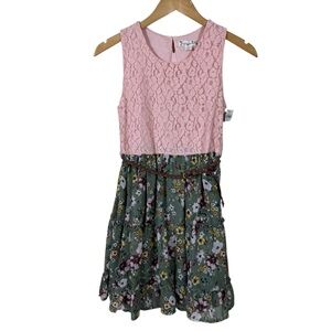 Knit Works girls Size 16 Pink Two Tone Floral Dress With Belt Size 14